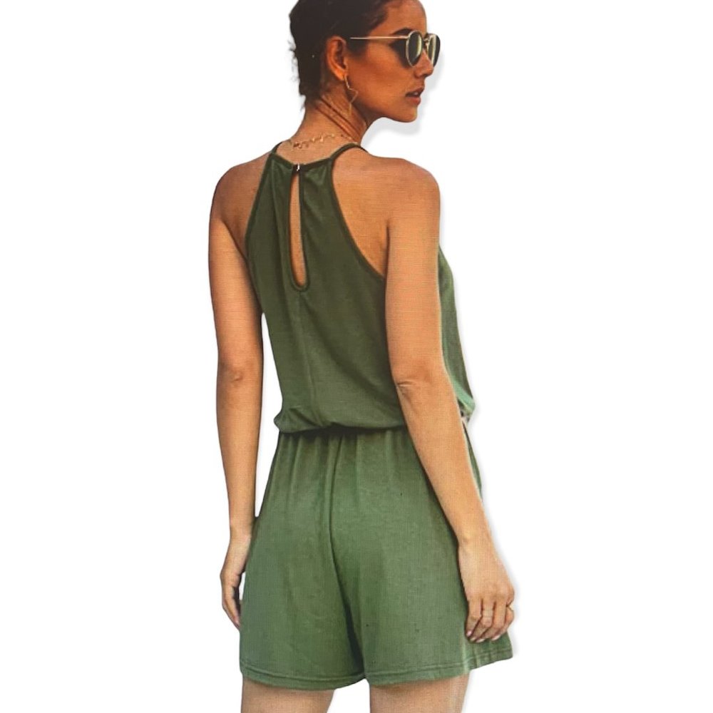 Women's XL Army Green Sleeveless Crochet Front Romper - Picture 6 of 7